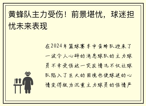黄蜂队主力受伤！前景堪忧，球迷担忧未来表现