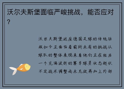 沃尔夫斯堡面临严峻挑战，能否应对？