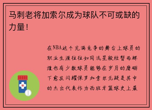马刺老将加索尔成为球队不可或缺的力量！