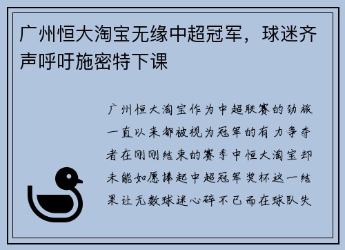 广州恒大淘宝无缘中超冠军，球迷齐声呼吁施密特下课